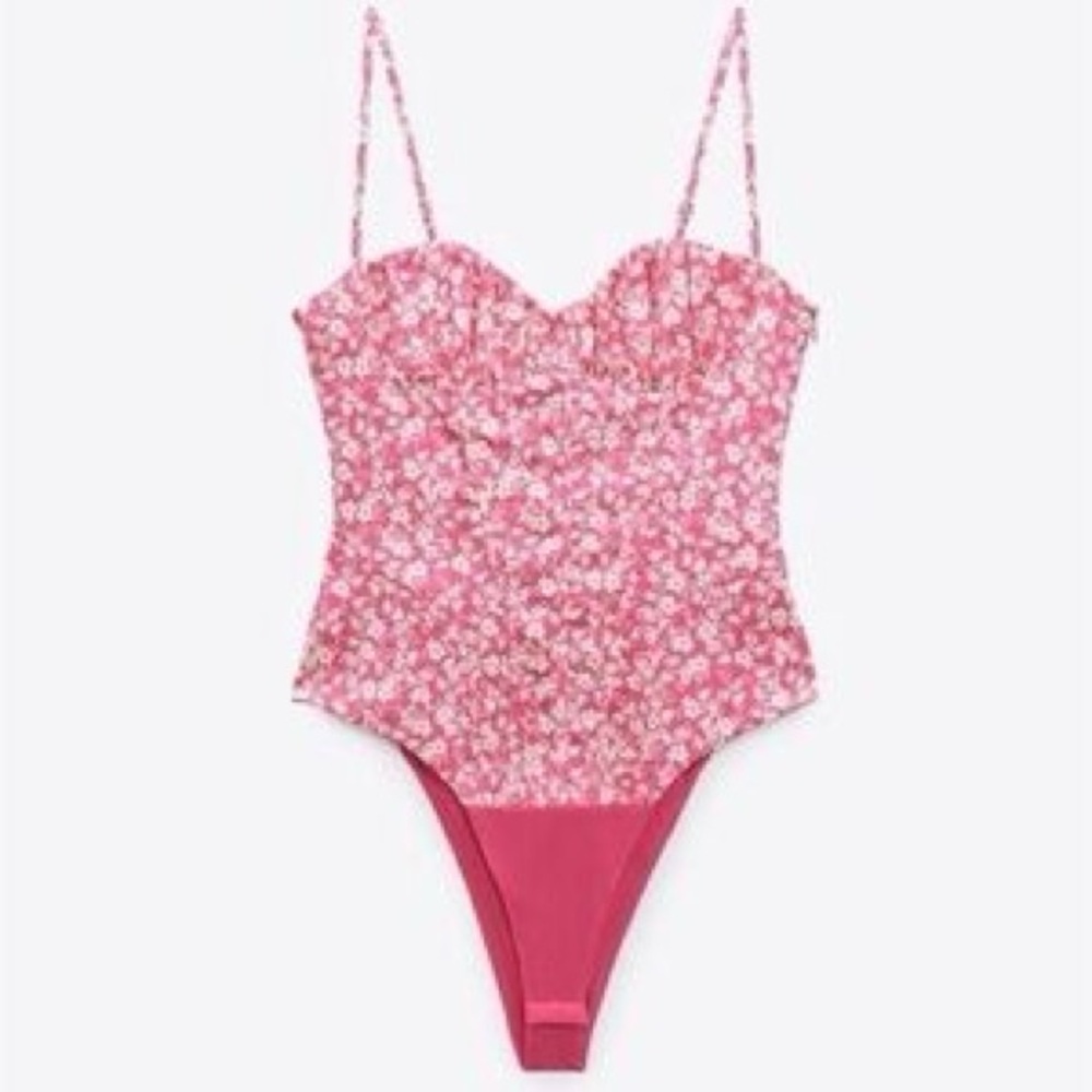 NWT ZARA Pink & White Floral Corset Bodysuit | Sweetheart Neckline | Size Small